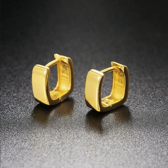 14K Gold Mens Square Earrings 14 K Sterling Silver Jewelry Huggies Guys Retro - Picture 2 of 7